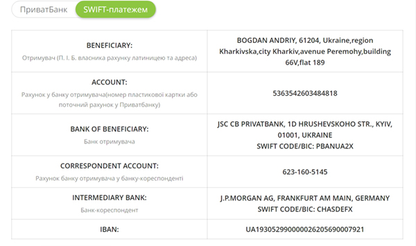 SWIFT REQUISITES